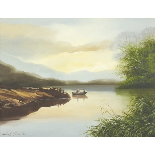 287 - David A James - Boat on a calm lake, oil on canvas, framed, 45cm x 34cm