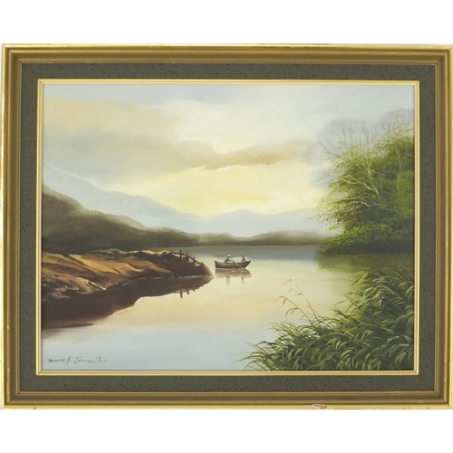 287 - David A James - Boat on a calm lake, oil on canvas, framed, 45cm x 34cm