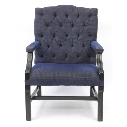 2002 - Mahogany framed Gainsborough style chair with blue and gold button back upholstery, 101cm high