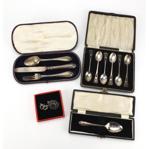 2283 - Silver items comprising Victorian three piece Christening set, set of six Arts & Crafts teaspoons, o... 