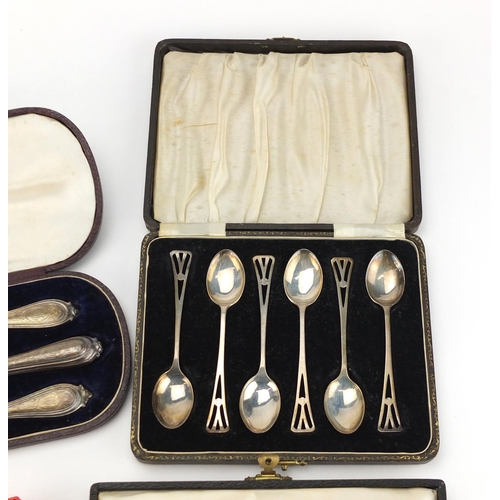 2283 - Silver items comprising Victorian three piece Christening set, set of six Arts & Crafts teaspoons, o... 