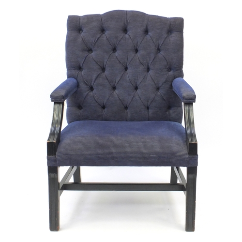 2003 - Mahogany framed Gainsborough style chair with blue and gold button back upholstery, 101cm high