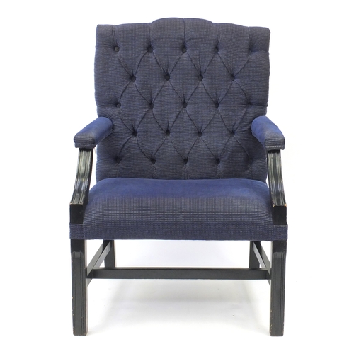 2009 - Mahogany framed Gainsborough style chair with blue and gold button back upholstery, 101cm high