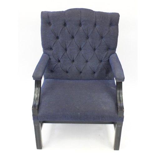 2009 - Mahogany framed Gainsborough style chair with blue and gold button back upholstery, 101cm high