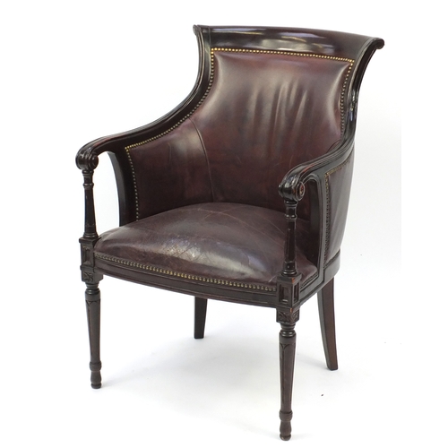 2013 - Mahogany and brown leather library chair on tapering legs, 91cm high