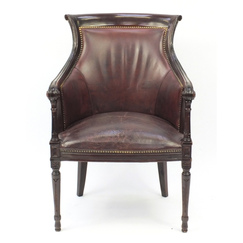 2013 - Mahogany and brown leather library chair on tapering legs, 91cm high