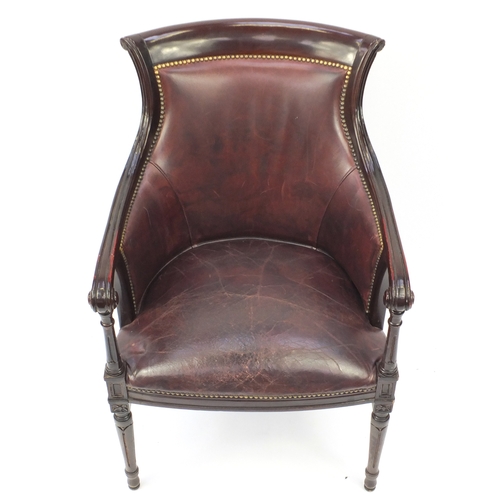 2013 - Mahogany and brown leather library chair on tapering legs, 91cm high