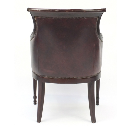 2013 - Mahogany and brown leather library chair on tapering legs, 91cm high