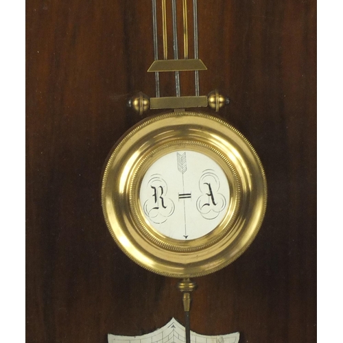 2154 - Vienna walnut and ebonised regulator wall clock with enamelled dial and Roman numerals, 85cm high