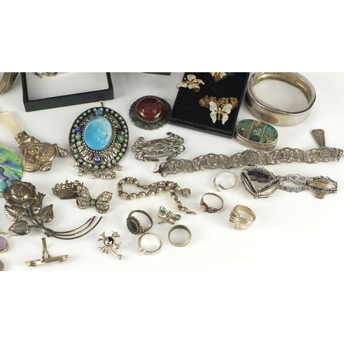311 - Silver and white metal jewellery some set with semi precious stones including necklaces, brooches an... 