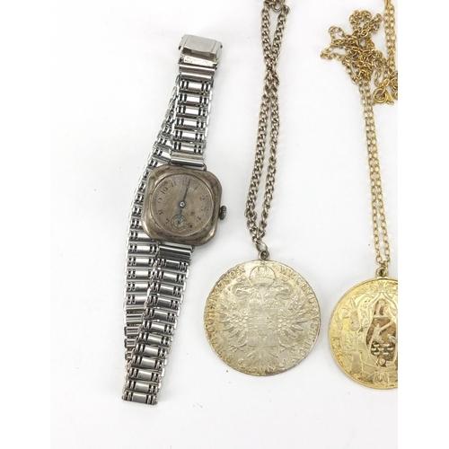 354 - Objects including a silver wristwatch, silver bookmark and Maria Theresa Thaler