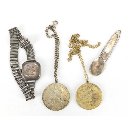 354 - Objects including a silver wristwatch, silver bookmark and Maria Theresa Thaler