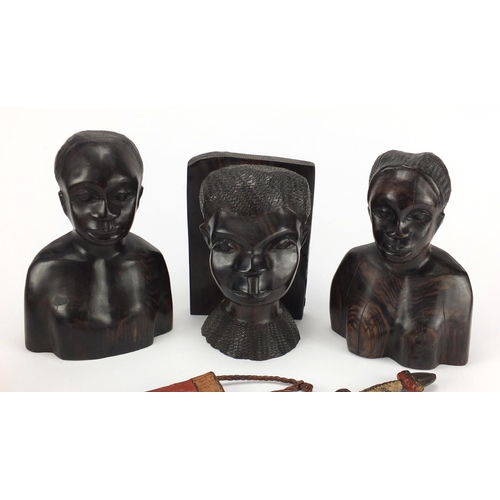 756 - Three African carved ebony busts and dagger with sheath