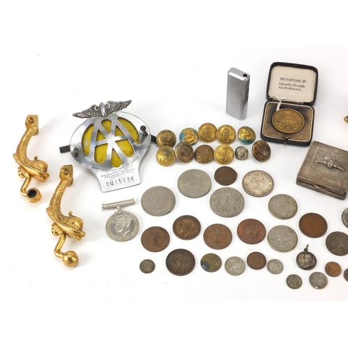 650 - Objects including AA car radiator badge, Military interest cap badges, RAF compact and cloisonné owl
