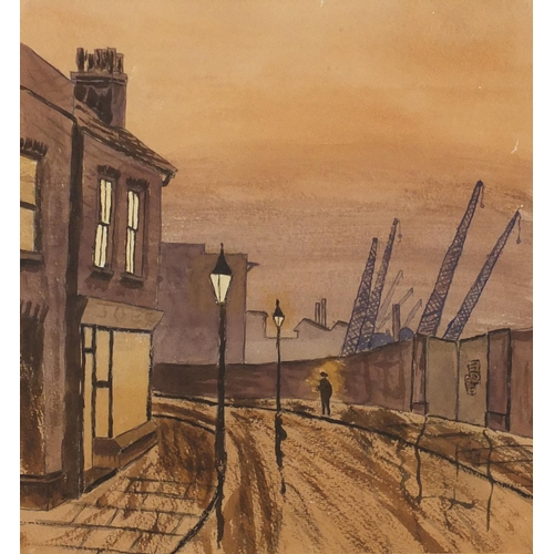 679 - Style of Laurence Stephen Lowry - Industrial street scene, mounted and framed, 28cm x 25.5cm