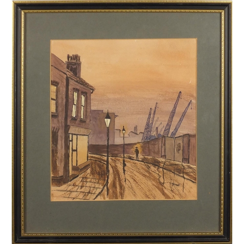 679 - Style of Laurence Stephen Lowry - Industrial street scene, mounted and framed, 28cm x 25.5cm