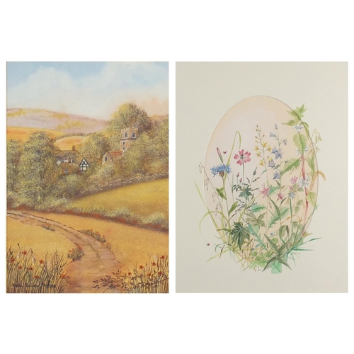 516 - Woodland path and flowers, two watercolours, each mounted and framed, the largest 22cm x 17cm
