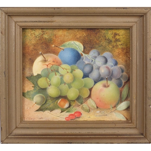 428 - J. Gray - Still life fruit, watercolour on card, inscribed verso, framed, 20cm x 17cm