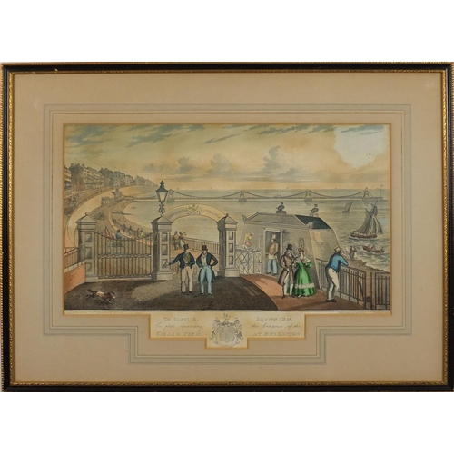 632 - 19th century coloured engraving, chain pier at Brighton, mounted and framed, 39cm x 23cm
