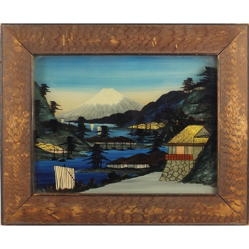 677 - Pair of Japanese reverse glass three dimensional paintings, framed, 25cm x 19cm