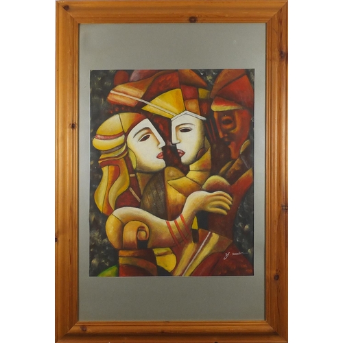 281 - Abstract composition, Art Deco figures, bearing an indistinct signature, mounted and framed, 60cm x ... 