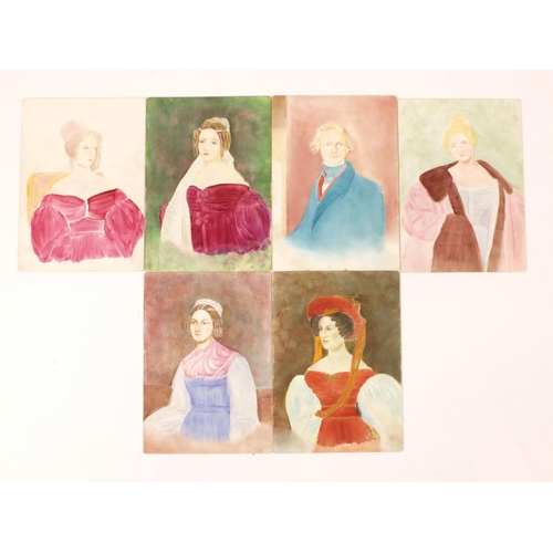 543 - Six female portraits hand painted glass panels, each 18cm x 13cm