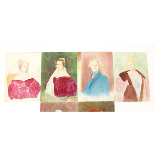 543 - Six female portraits hand painted glass panels, each 18cm x 13cm