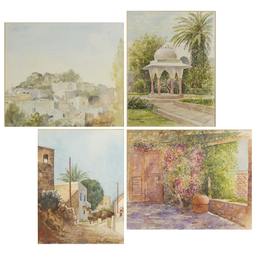 678 - Ron Brooker - Four continental courtyards, watercolours, each mounted and framed, the largest 25.5cm... 