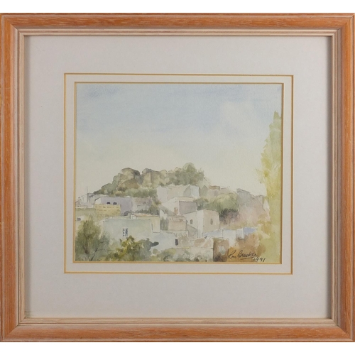 678 - Ron Brooker - Four continental courtyards, watercolours, each mounted and framed, the largest 25.5cm... 