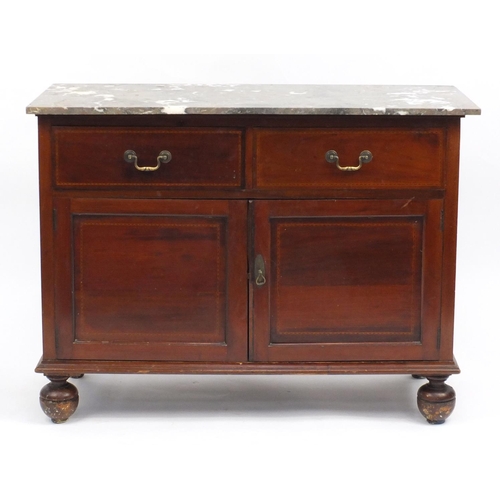 10 - Inlaid mahogany wash stand with marble top, fitted with two drawers and a pair of cupboard doors, 80... 