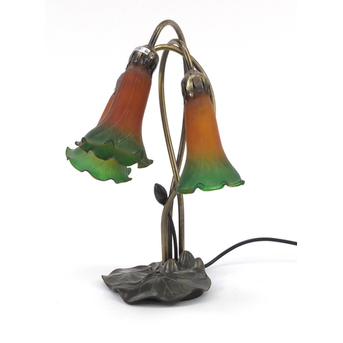 731 - Tiffany style table lamp with three glass tulip shades, 40cm high