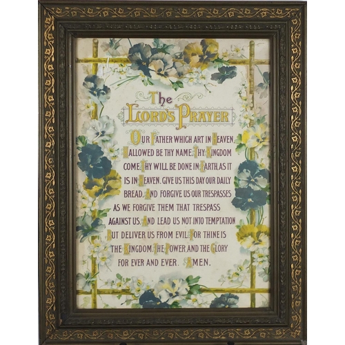 445 - Four prints and a Victorian sampler including The Lords Prayer and flowers, all framed