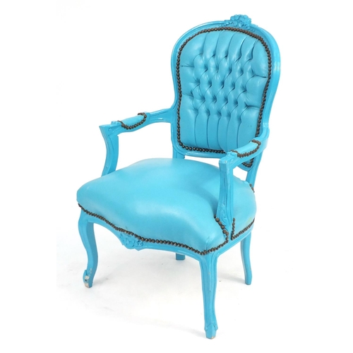 28 - French style blue painted occasional chair, with blue leather upholstery