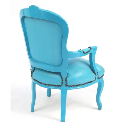 28 - French style blue painted occasional chair, with blue leather upholstery