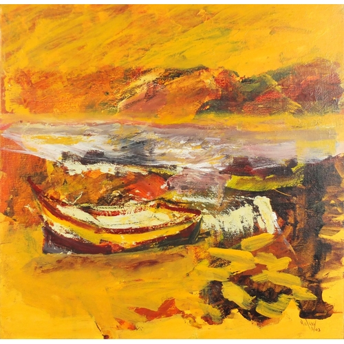 592 - R D Roy - Abstract composition, moored boats, oil on canvas, framed, 40cm x 40cm
