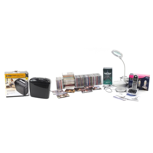 886 - Miscellaneous items including CD's, tape cassettes, electricals and a paper shredder