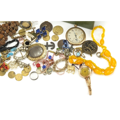 346 - Costume jewellery including Victorian mourning brooches, necklaces and watches