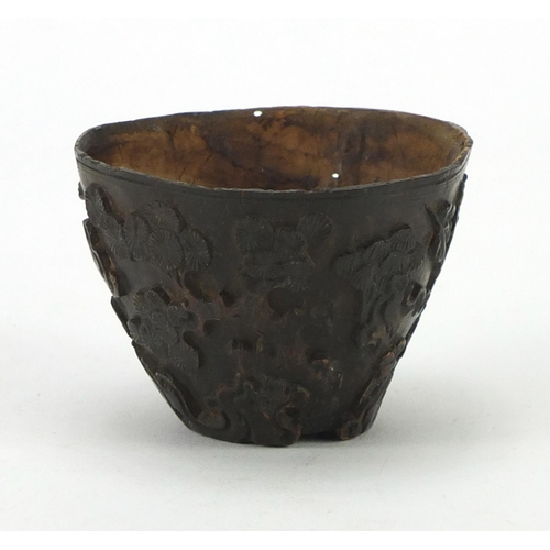 664 - Chinese carved coconut wine cup, 4cm high