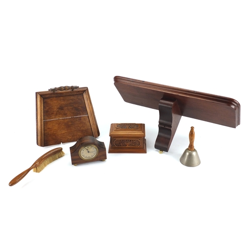 435 - Treen items including oak crumb scoop with brush, miniature mantel clock, jewel box, clock bracket a... 