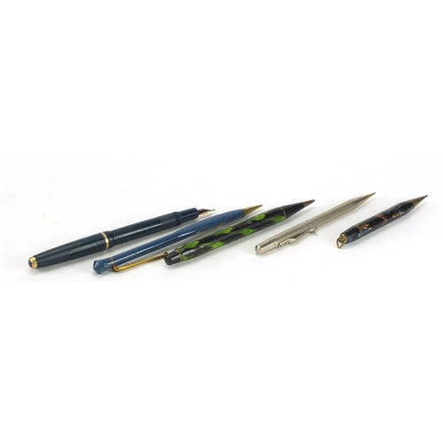 689 - Parker slimfold fountain pen with 14k gold nib and four propelling pencils including Yard-O-Led with... 