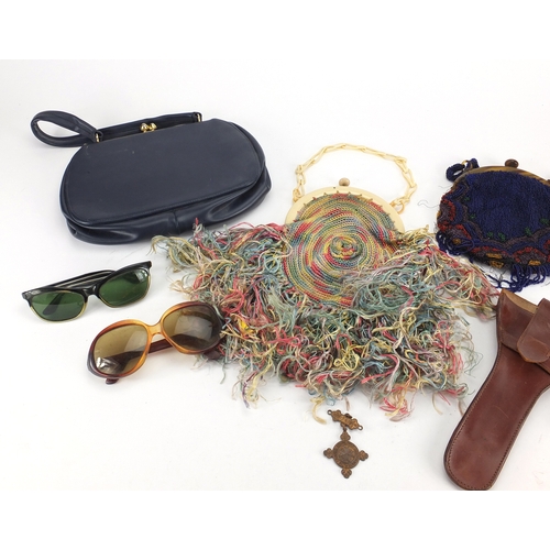 712 - Vintage bags and spectacles including Maclaren leather handbag and beadwork clutch bag