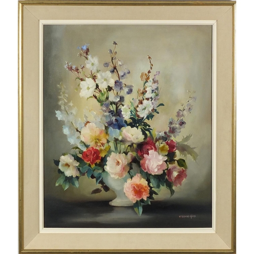1195 - William Reynard Hoot - Still life flowers in a vase, oil on canvas, Stacy Marks and printed label ve... 