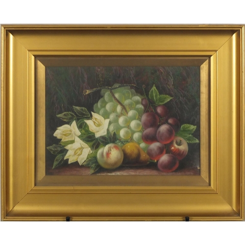 1296 - Still life flowers and fruit, Edwardian oil on canvas, mounted and framed, 33cm x 23cm