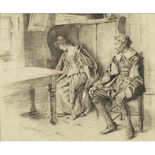 1200 - Harold Copping - Two figures in an interior, black chalk on card, inscribed verso, framed, 29cm x 24... 