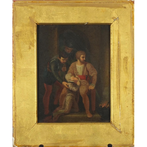 1213 - Three figures and a King, early 19th century oil on wood panel, wax seal and indistinctly inscribed ... 