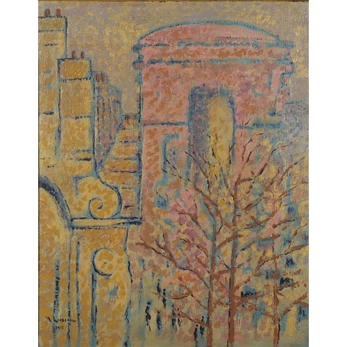 1246 - City scene, post impressionist oil on wood panel, bearing an indistinct signature possibly Laiseau a... 