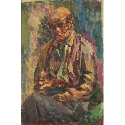 1228 - Stanley Sobossek - Portrait of a man seated, oil on canvas, stamp and inscription verso, mounted and... 