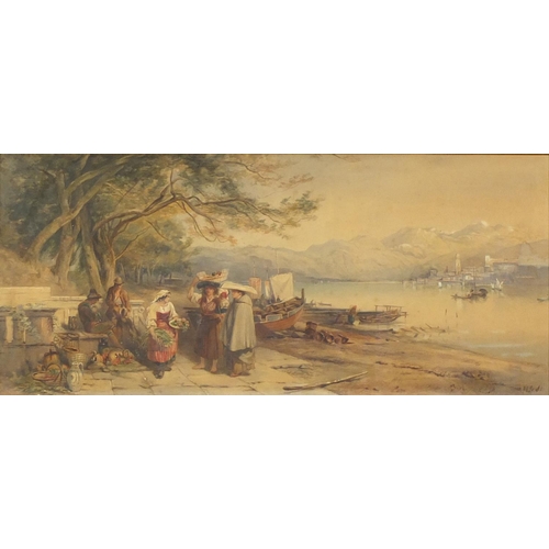 1232 - Continental river scene with street traders and moored boats, bearing an indistinct monogram possibl... 