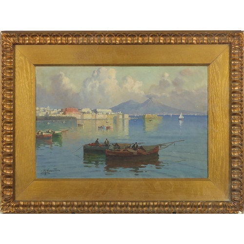 1240 - A Nonetti - Naples harbour with fishing boats, early 20th century oil, inscribed verso, mounted and ... 