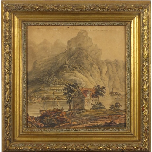 1215 - Attributed to Herman Saftleven - Mountainous landscape on the Rhine, antique mixed media, label vers... 